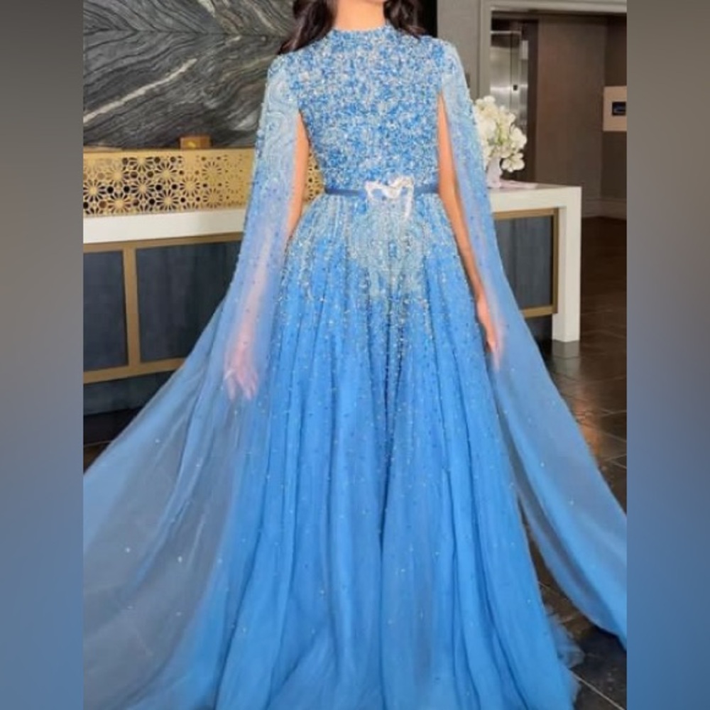 Modest Blue Long Drape Sleeves Beaded A-Line Gown
